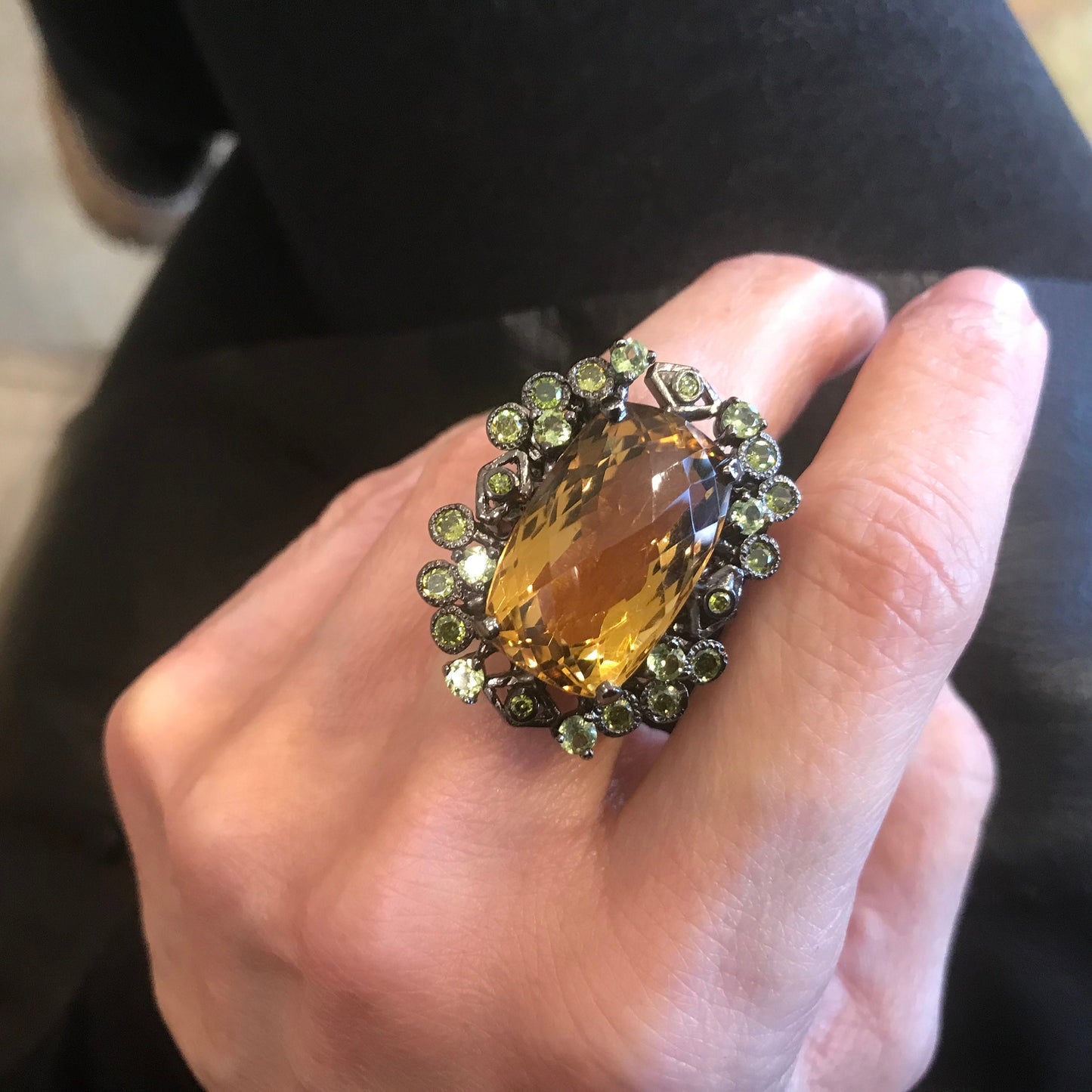 Sterling Silver Natural citrine peridot baguette statement Ring 7