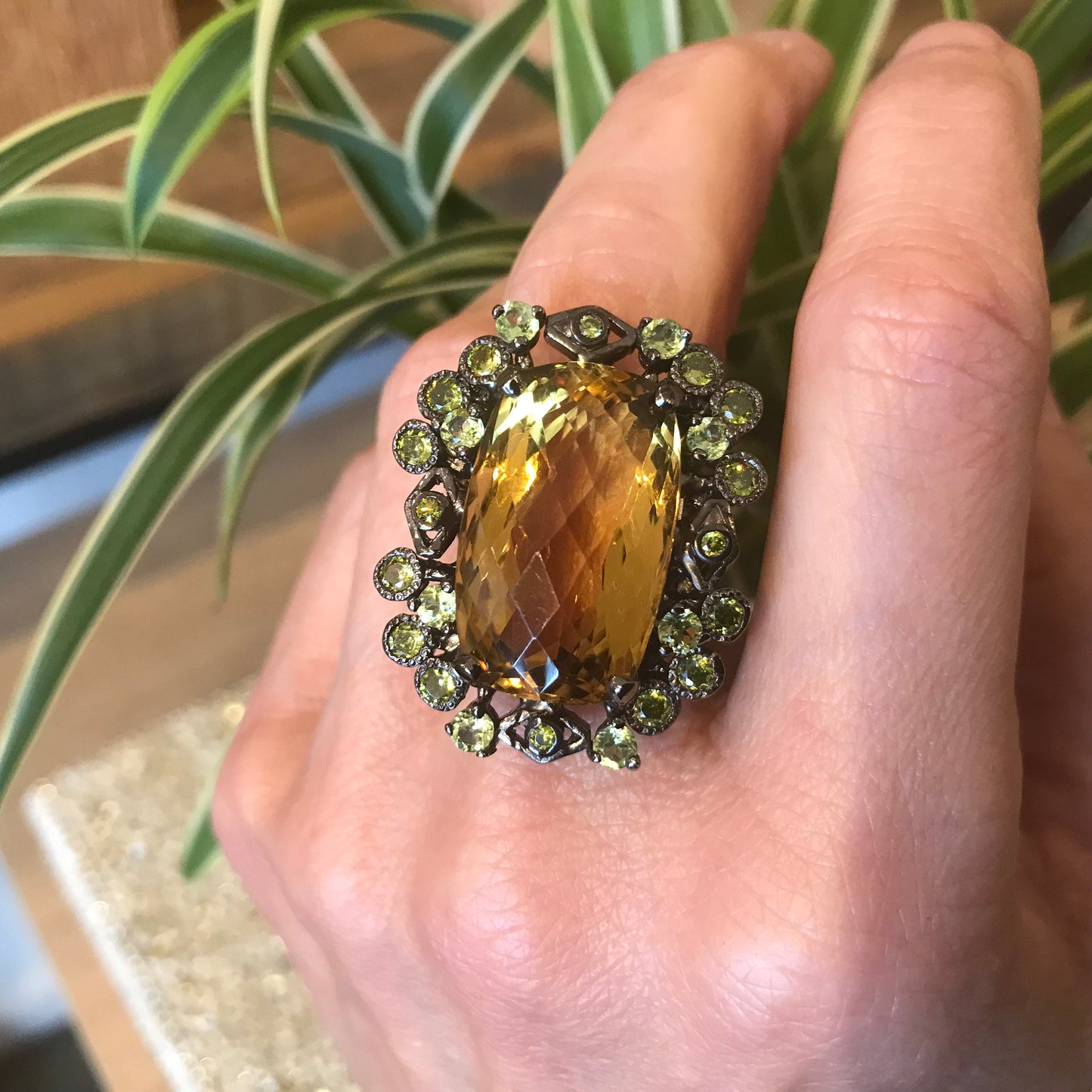 Sterling Silver Natural citrine peridot baguette statement Ring 7
