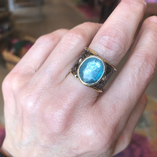 Sterling Silver blue kyanite black band ring 6
