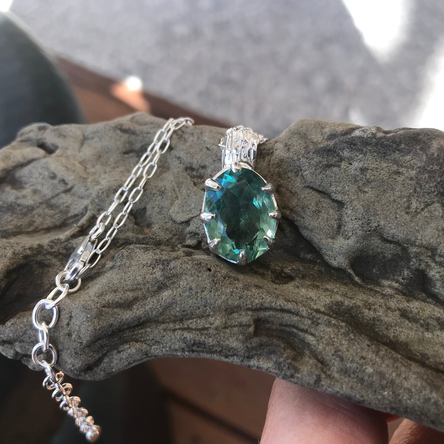 Natural fluorite Sterling Silver pendant with Necklace