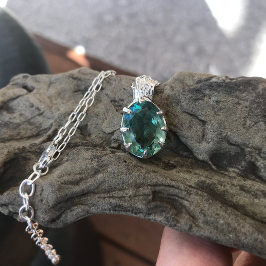 Natural fluorite Sterling Silver pendant with Necklace