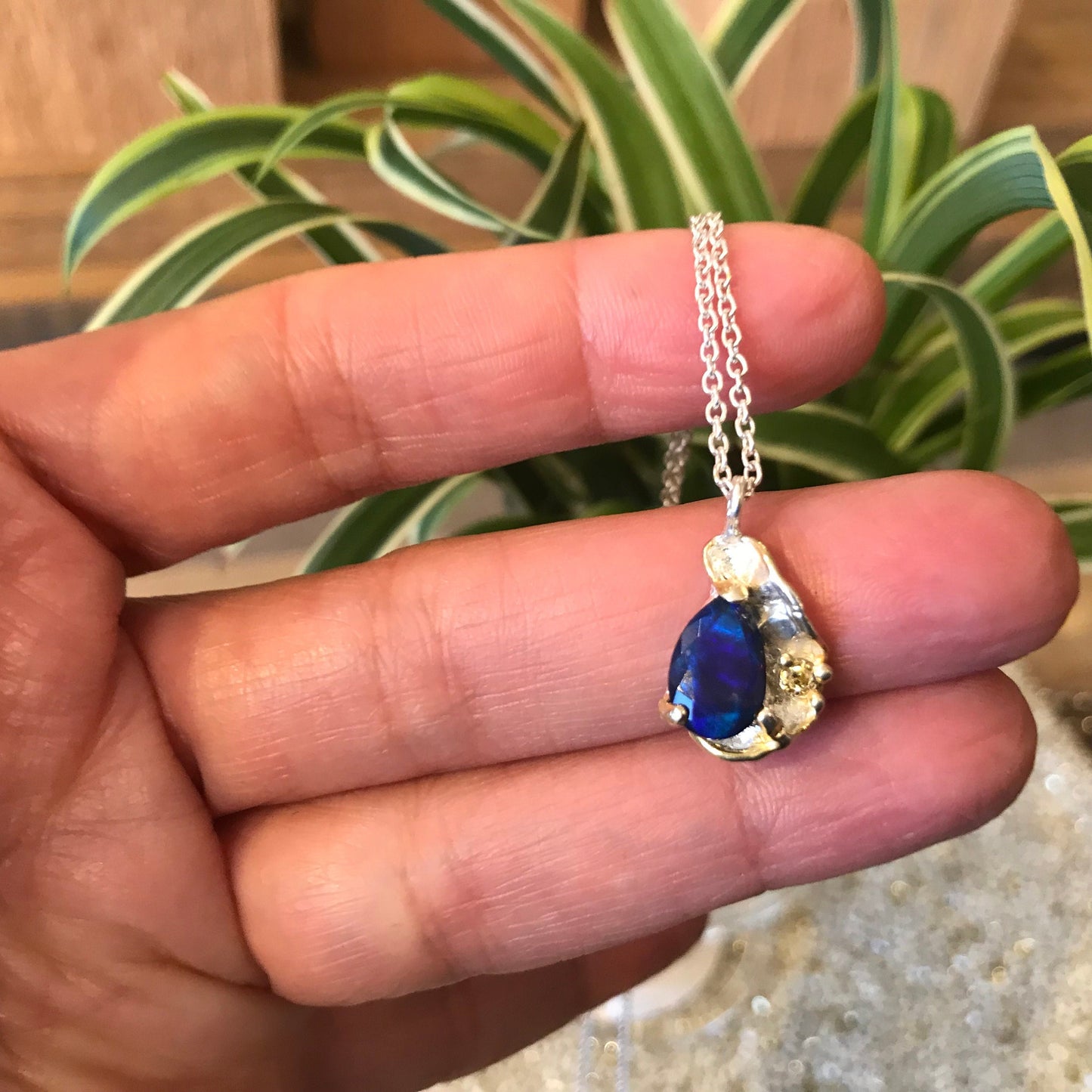 Sterling silver Blue fire opal pendant necklace 18”