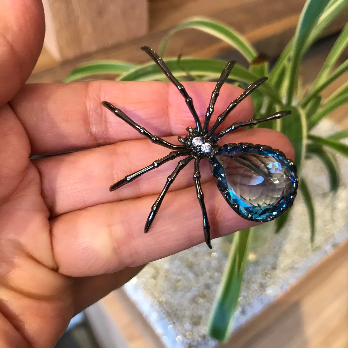 Sterling Silver blue topaz spider Brooch Pin