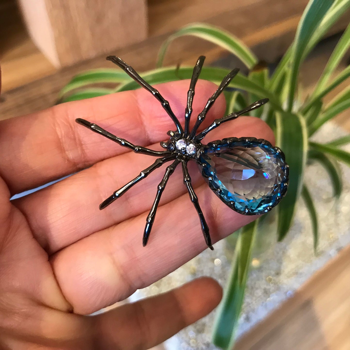 Sterling Silver blue topaz spider Brooch Pin