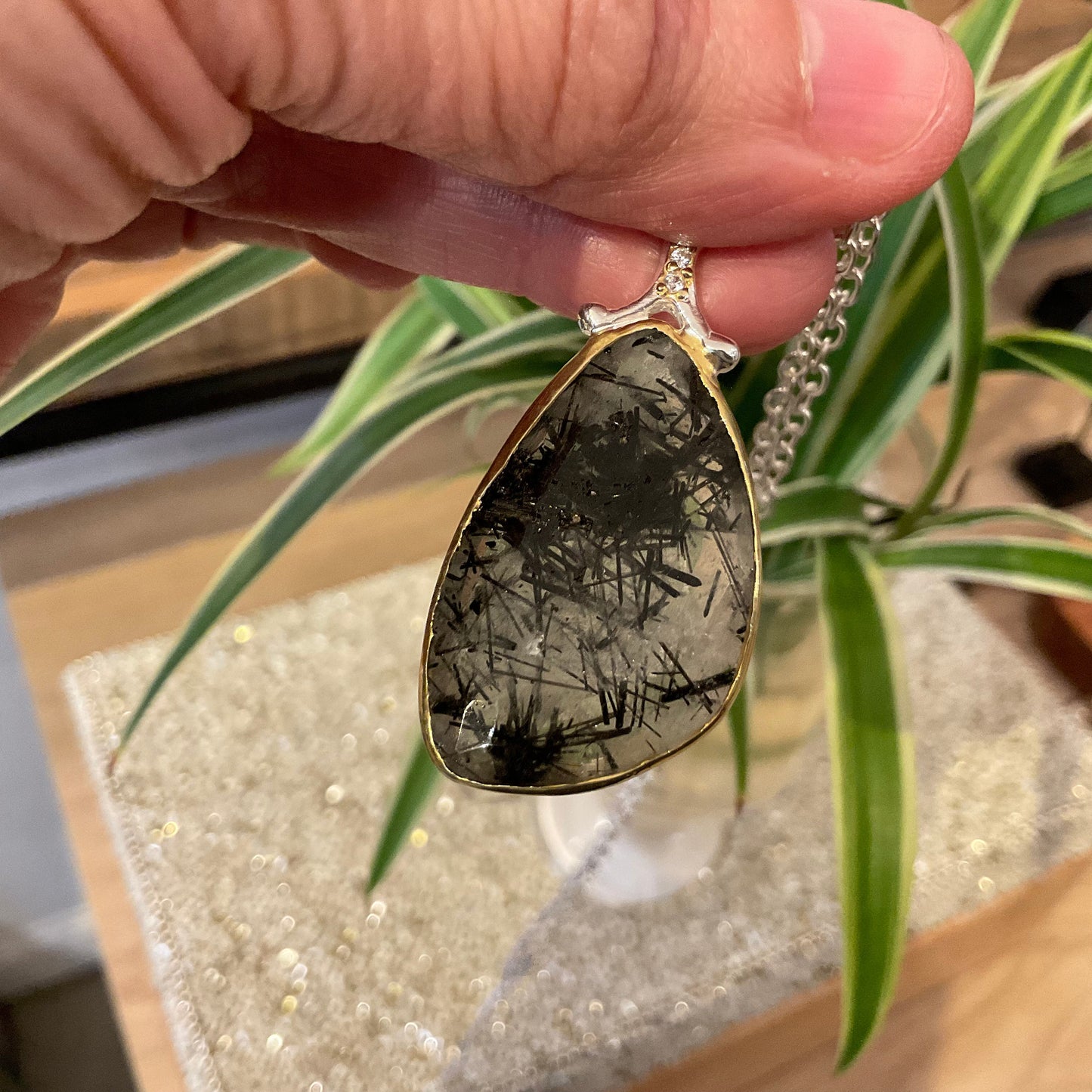 Sterling Silver Rutilated quartz Pendant and Necklace black ribbons