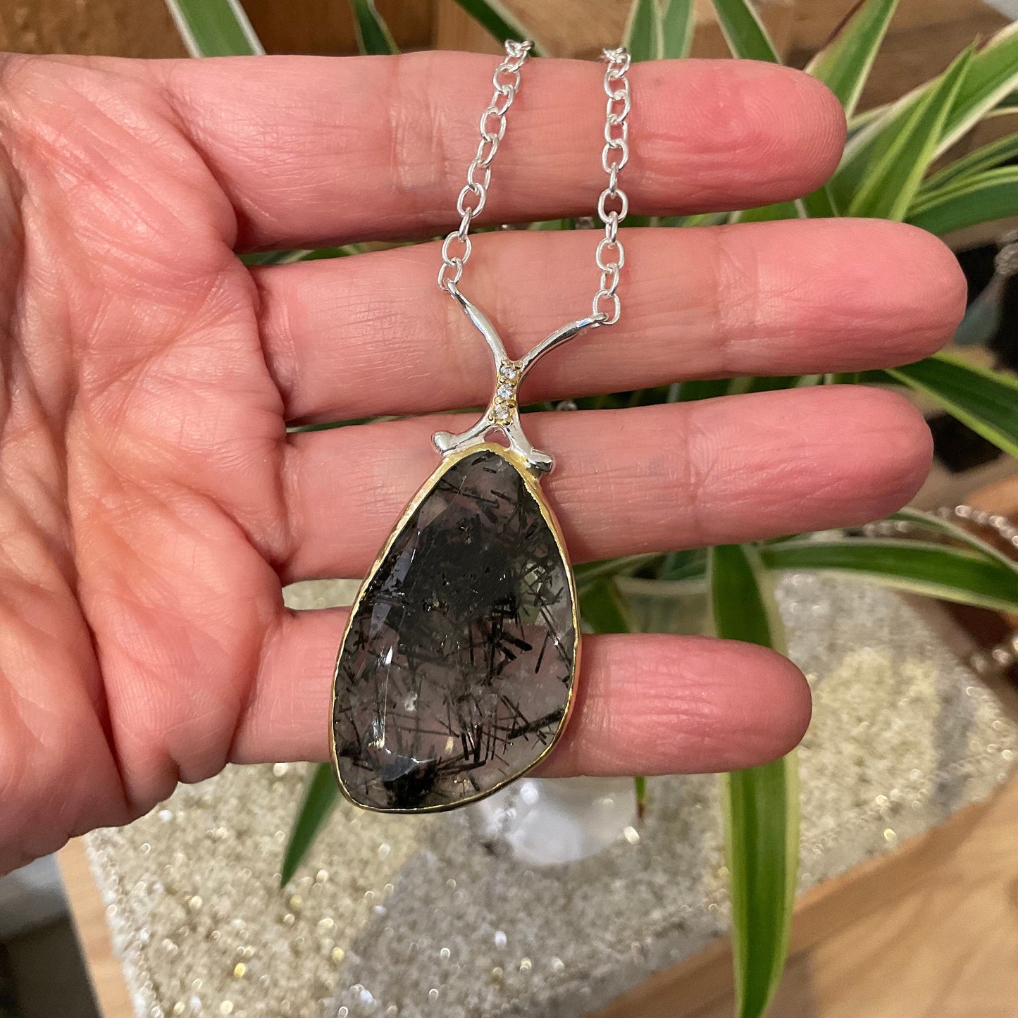 Sterling Silver Rutilated quartz Pendant and Necklace black ribbons