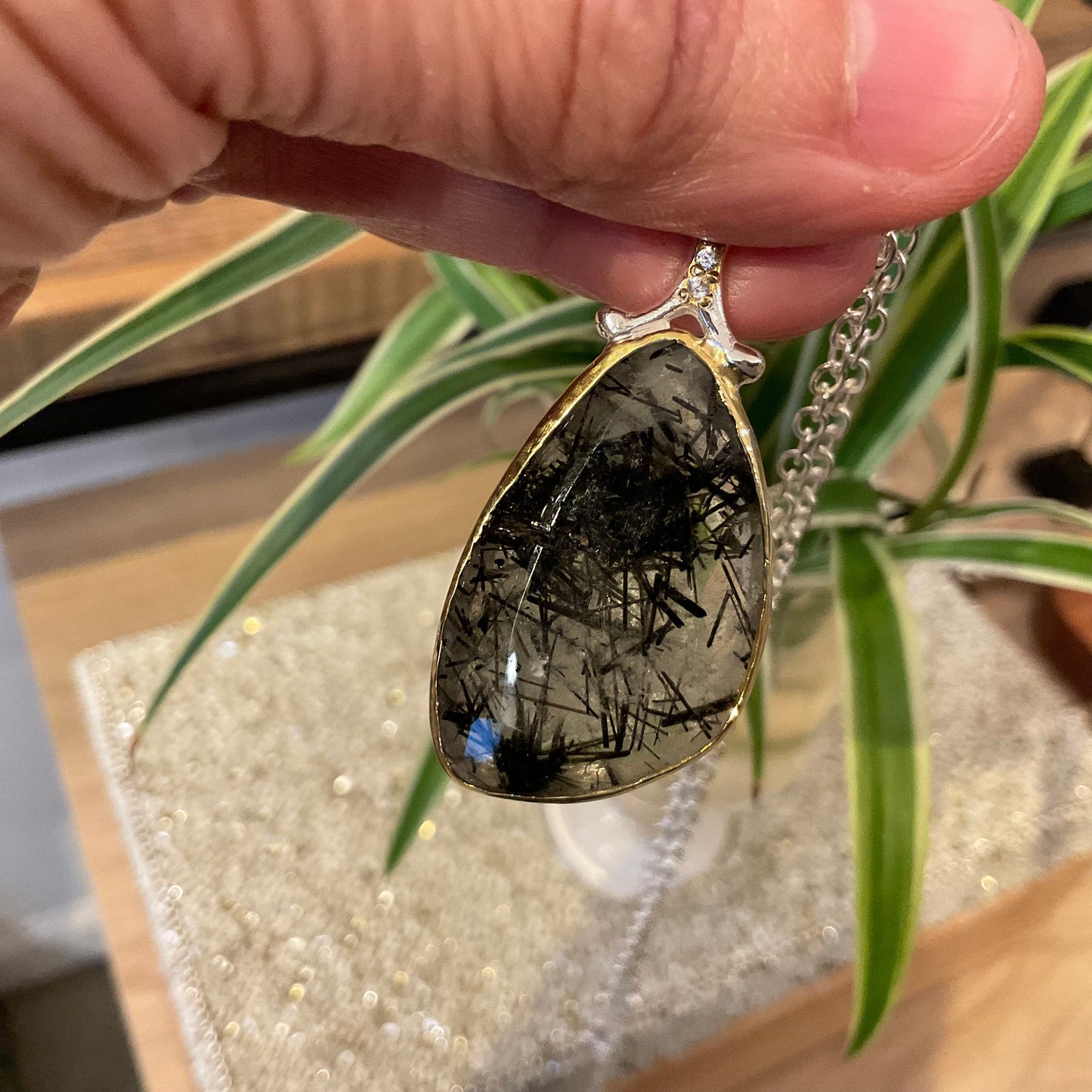 Sterling Silver Rutilated quartz Pendant and Necklace black ribbons
