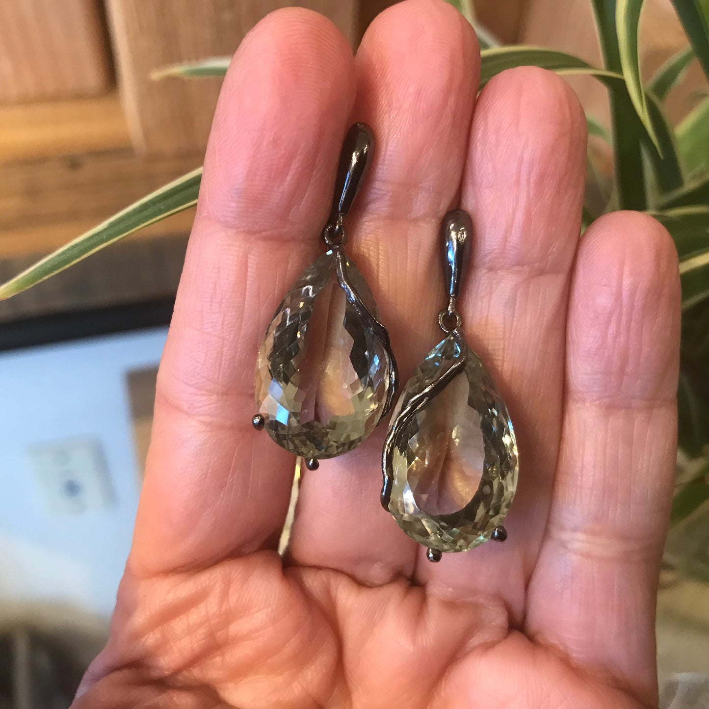 Sterling silver green amethyst pear shape fancy earrings