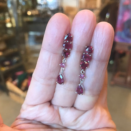 Sterling Silver red ruby long dangle earrings