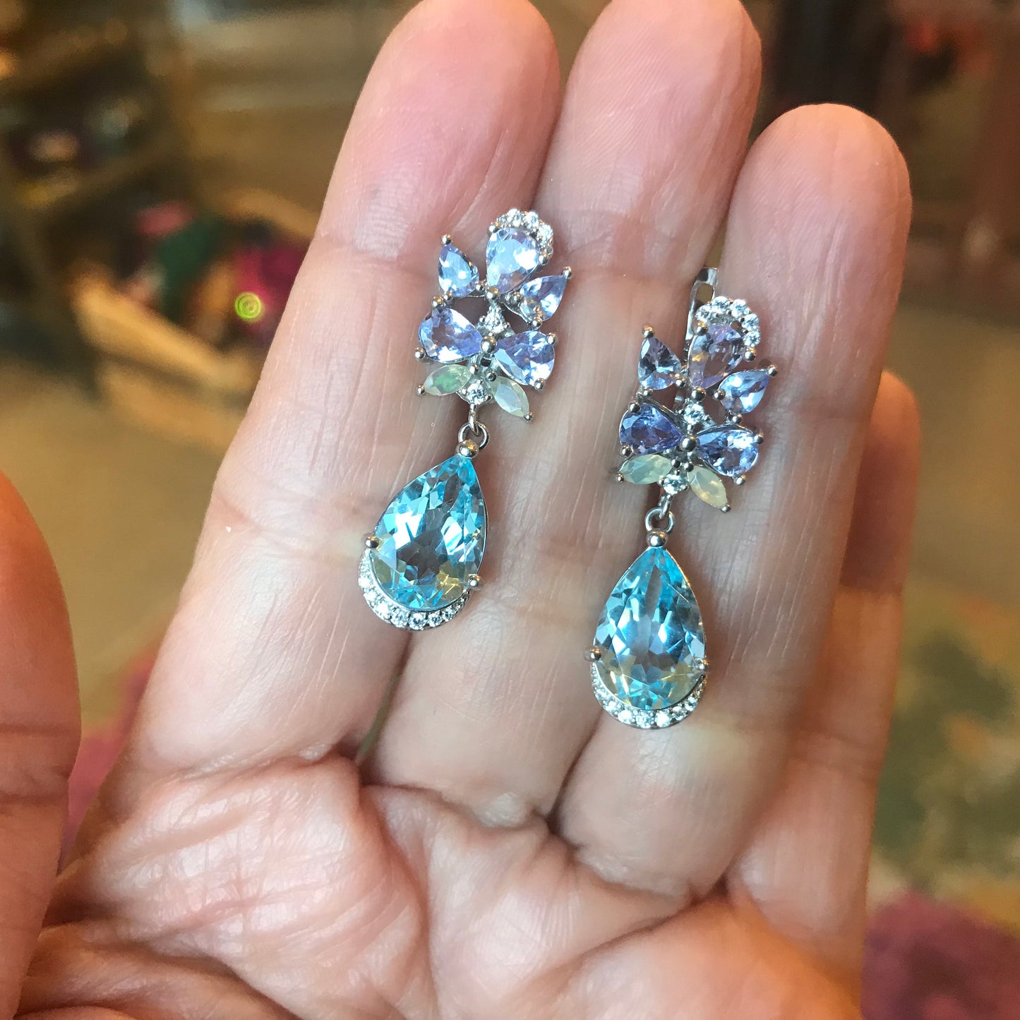 Sterling Silver sky natural blue topaz opal fancy earrings