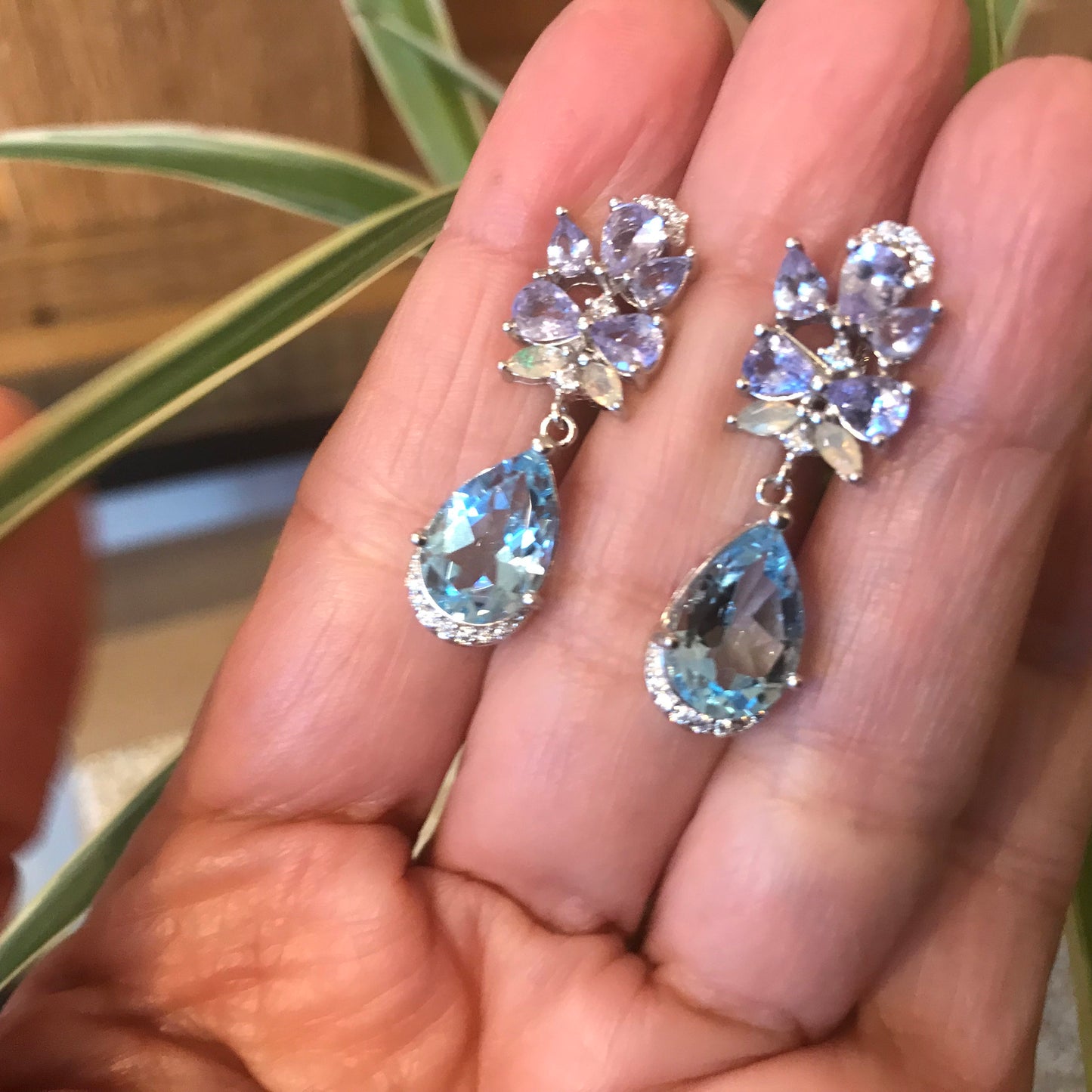 Sterling Silver sky natural blue topaz opal fancy earrings