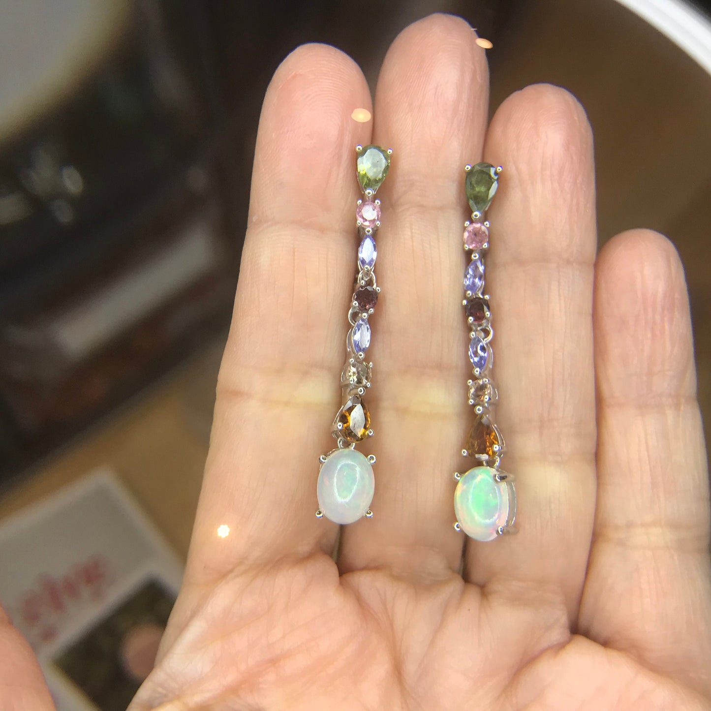 Sterling silver natural opal tourmaline fancy earrings