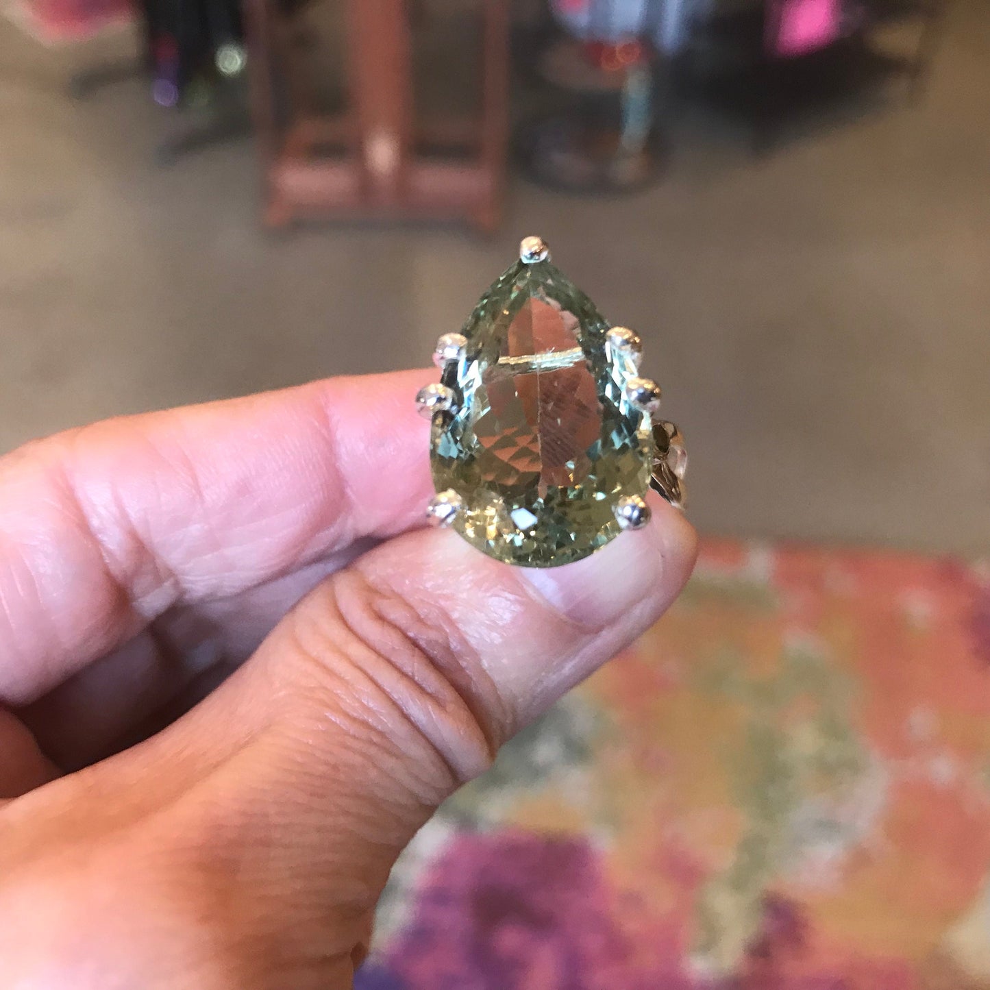 Sterling Silver green amethyst pear shape Ring 7.5