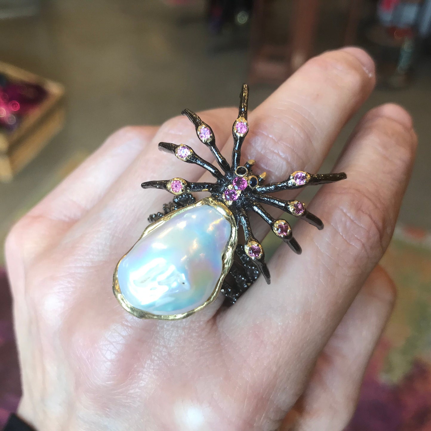 Sterling silver spider baroque pearl tourmaline ring 8
