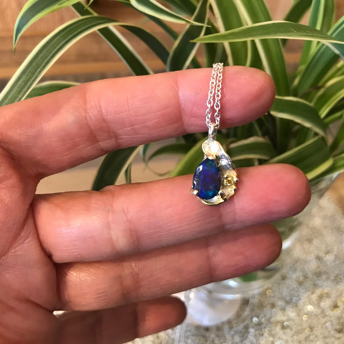 Sterling silver Blue fire opal pendant necklace 18”