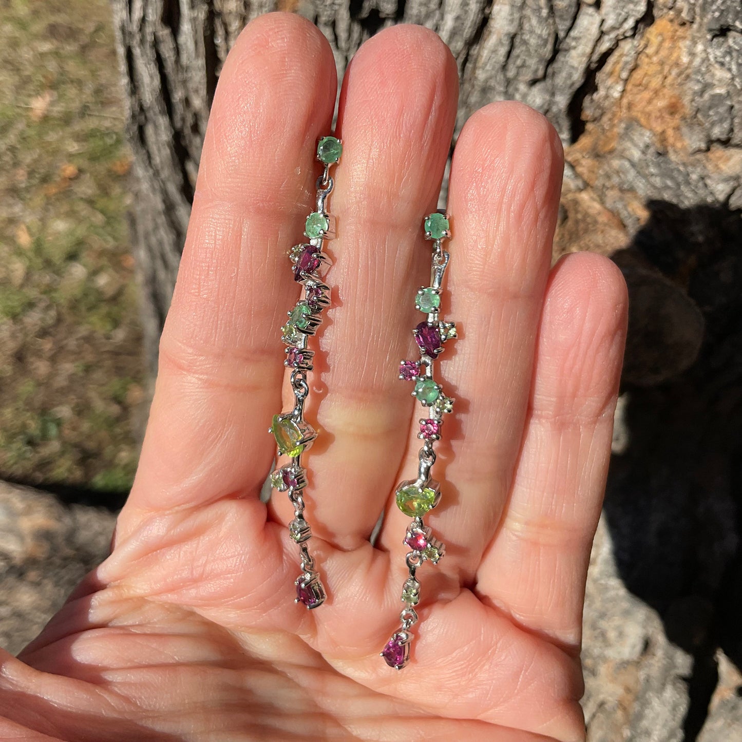 Sterling Silver natural emeralds  peridot long Earrings