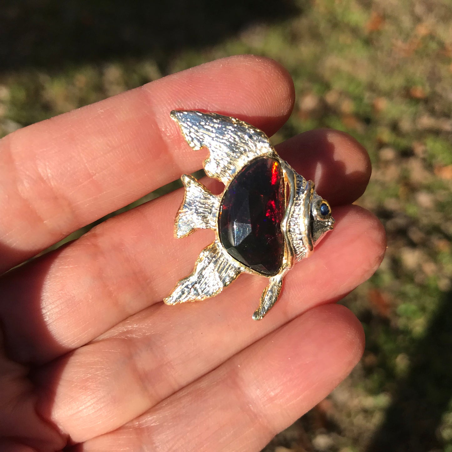 Sterling silver rainbow natural opal fish brooch pin