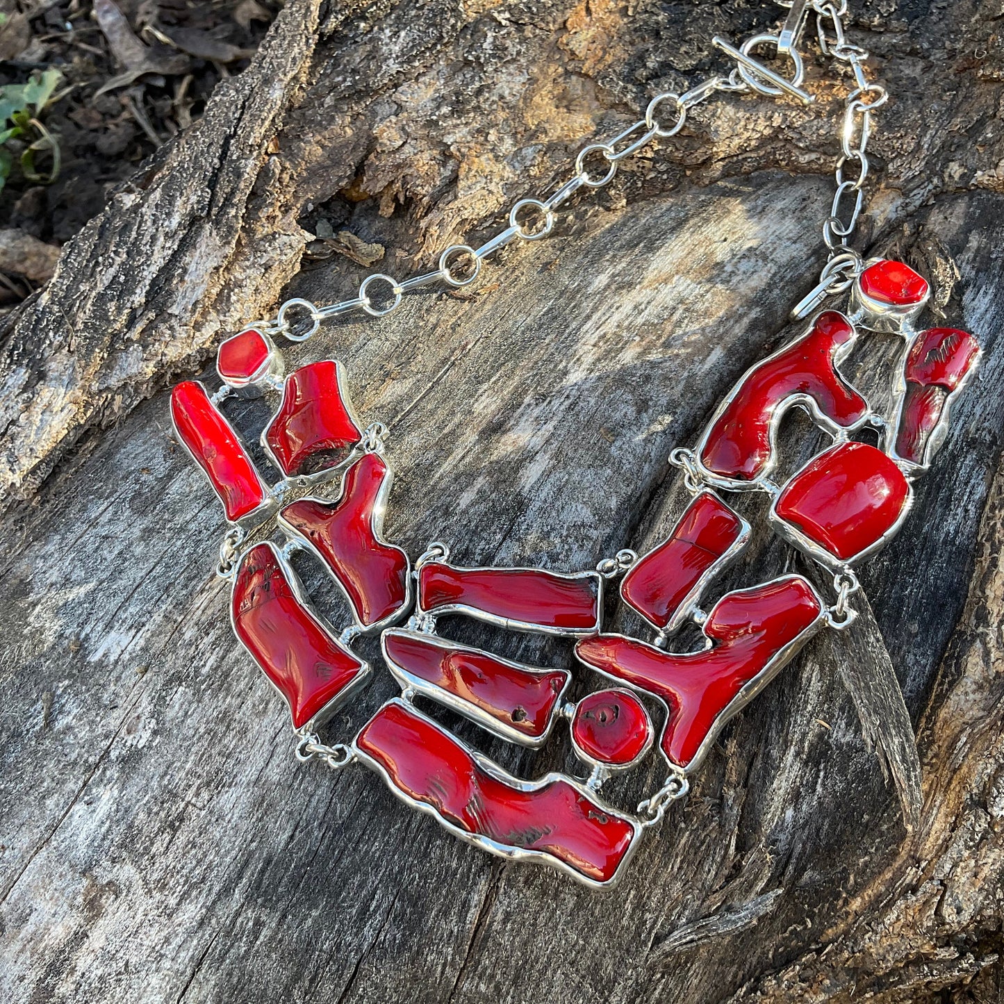 Sterling Silver Natural red coral organic Statement Necklace