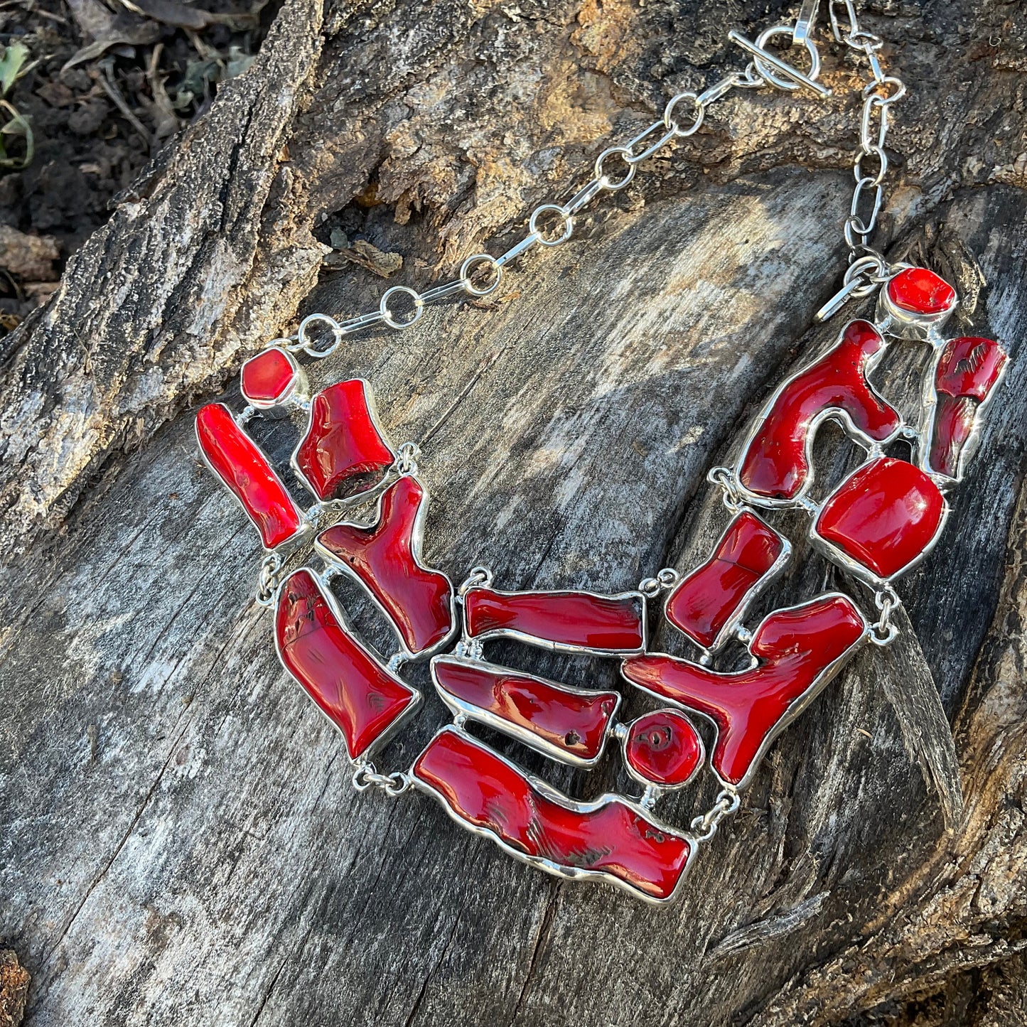 Sterling Silver Natural red coral organic Statement Necklace
