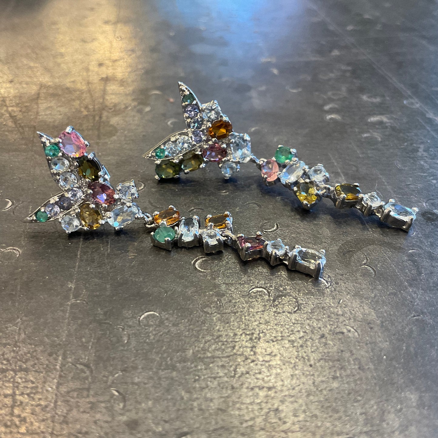 Sterling Silver Aquamarine emerald tourmaline fancy earrings