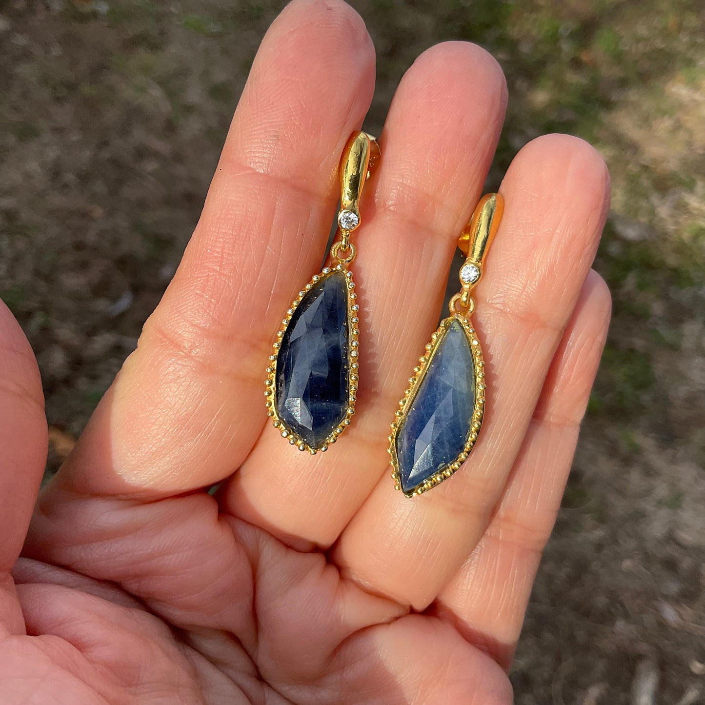 sterling Silver blue sapphire gold post dangle  Earrings