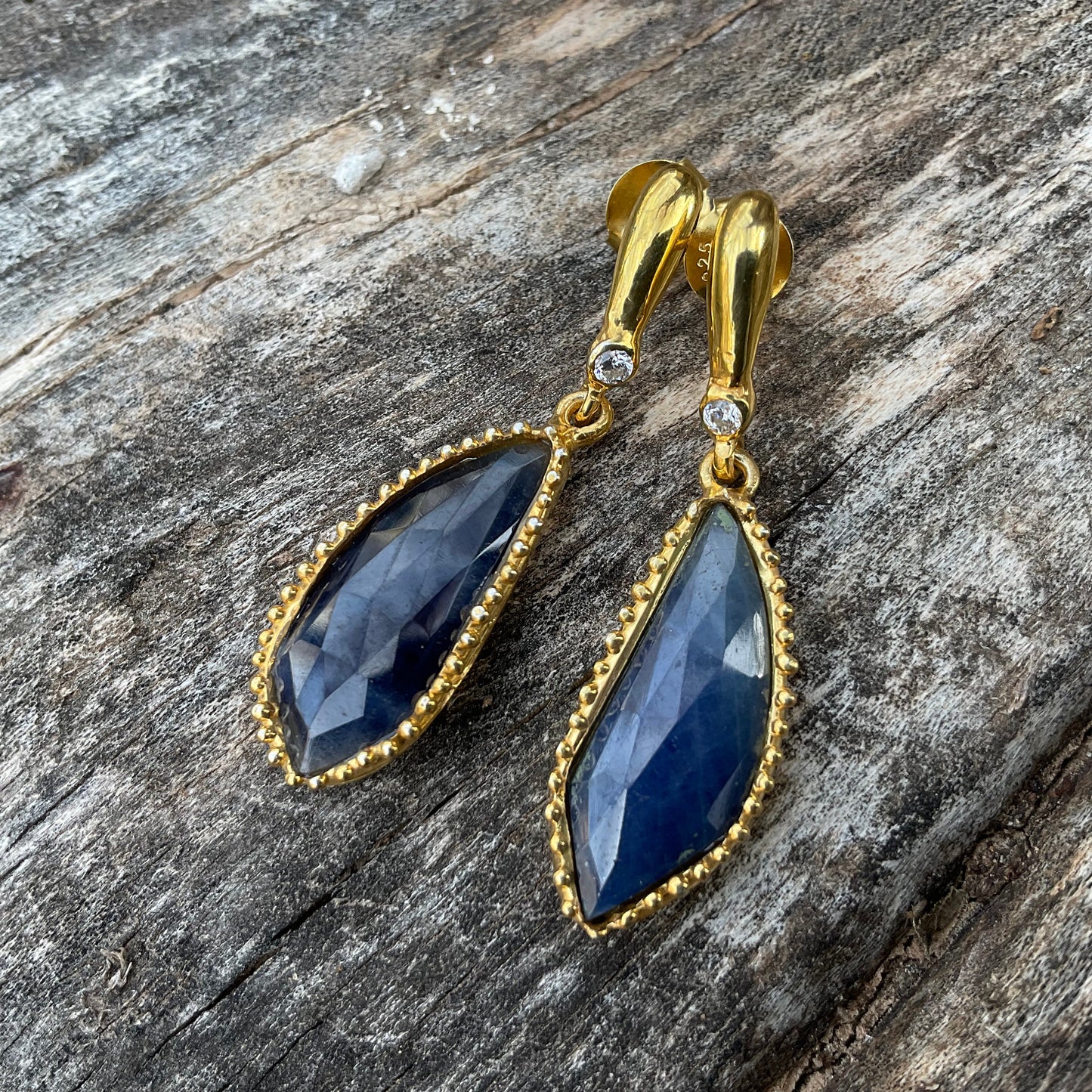 sterling Silver blue sapphire gold post dangle  Earrings
