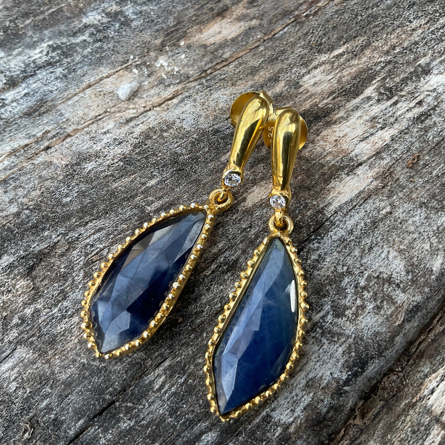 sterling Silver blue sapphire gold post dangle  Earrings