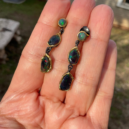 Sterling Silver natural blue fire opal cabs earrings