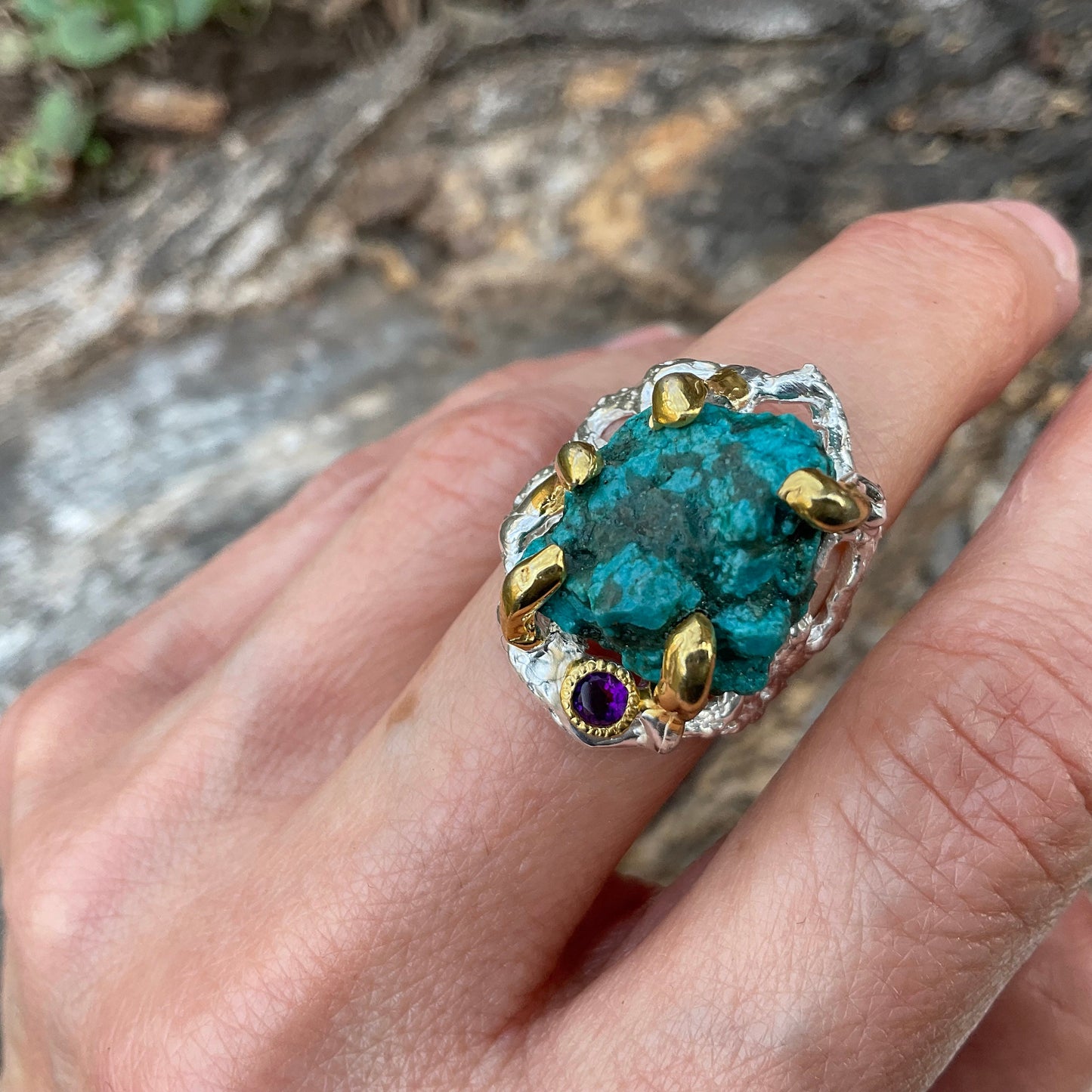 Sterling Silver Genuine Turquoise Brutalist roots ring 7.5