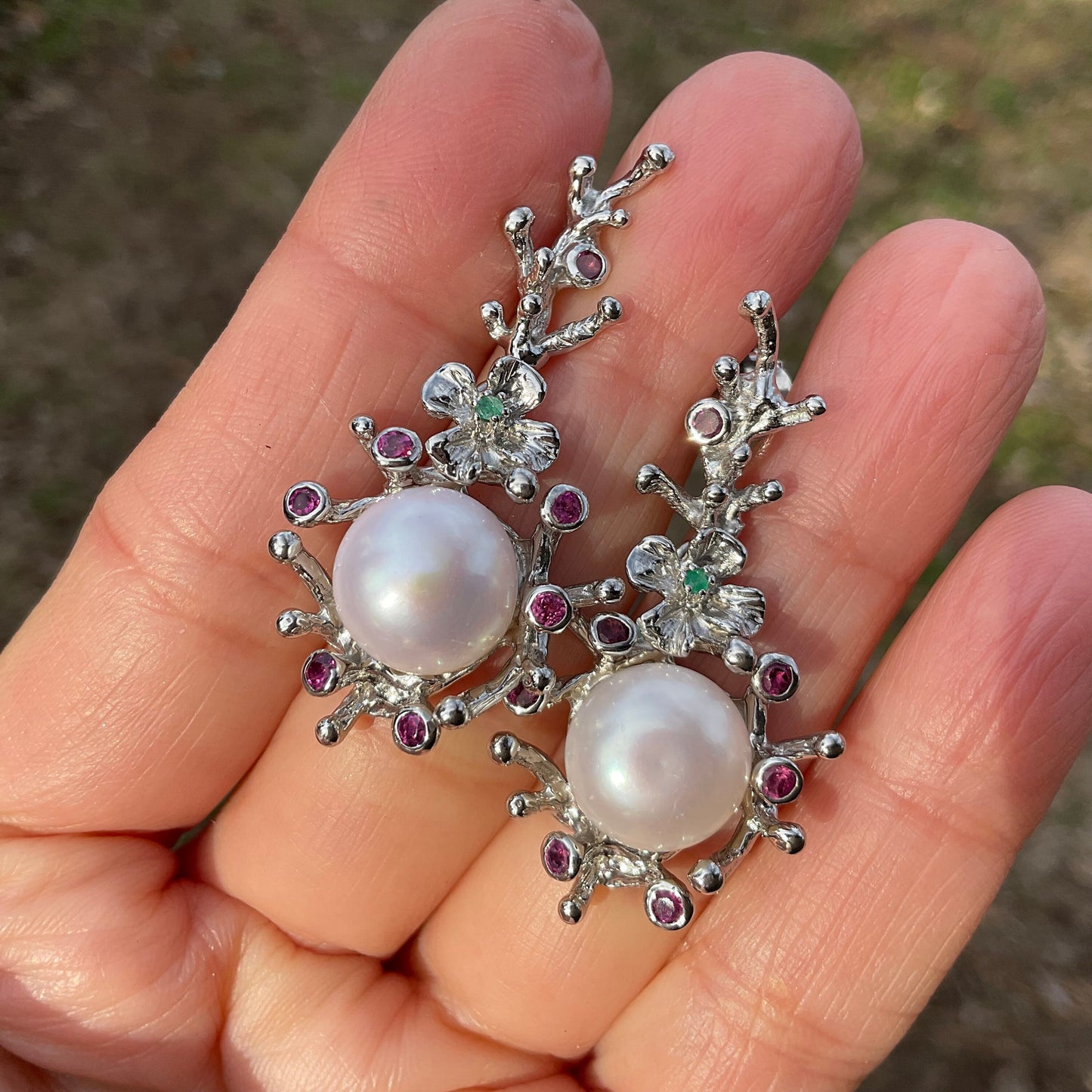 Sterling Silver white  pearl emerald Rhodolite earrings