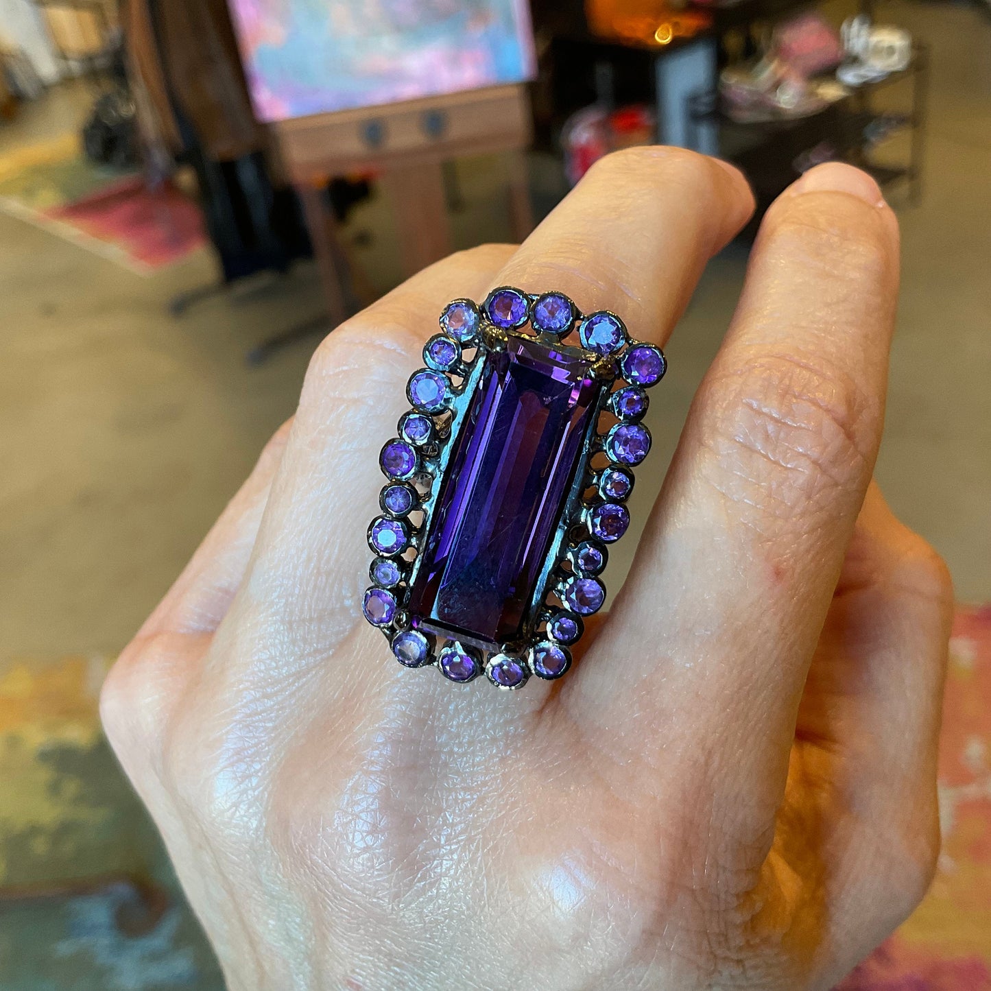 Sterling Silver Statement baguette Amethyst Ring 8