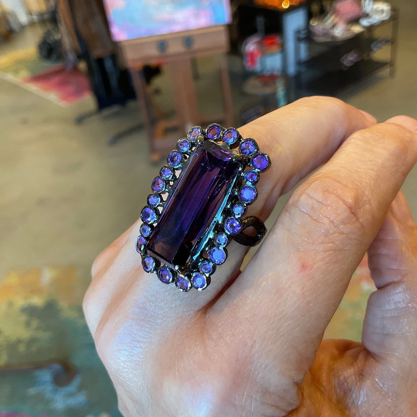 Sterling Silver Statement baguette Amethyst Ring 8