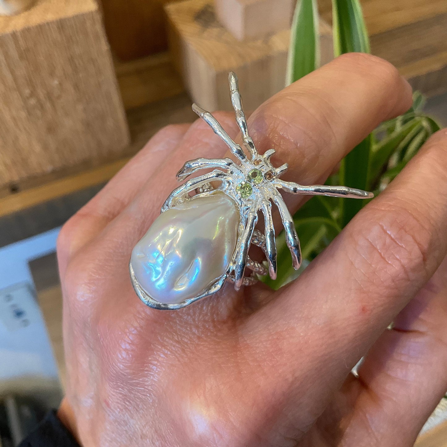 Sterling silver spider baroque pearl  ring 7