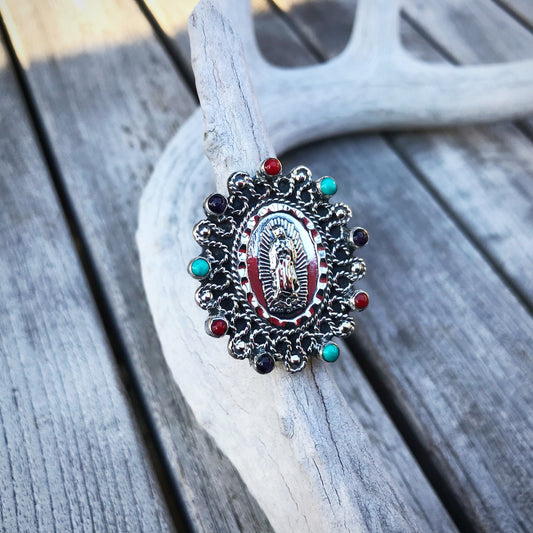 Sterling Silver statement turquoise coral  Madonna ring Virgen Guadalupe ring