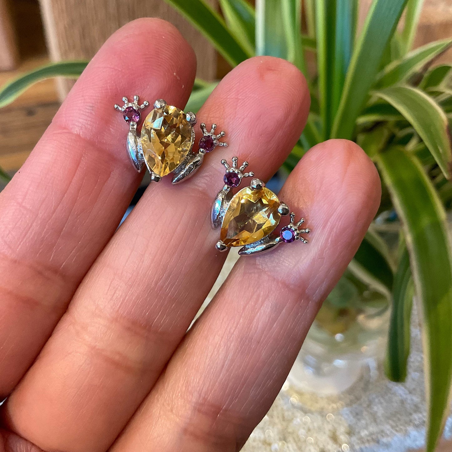 Sterling Silver Citrine frog tod rhodolite post earrings