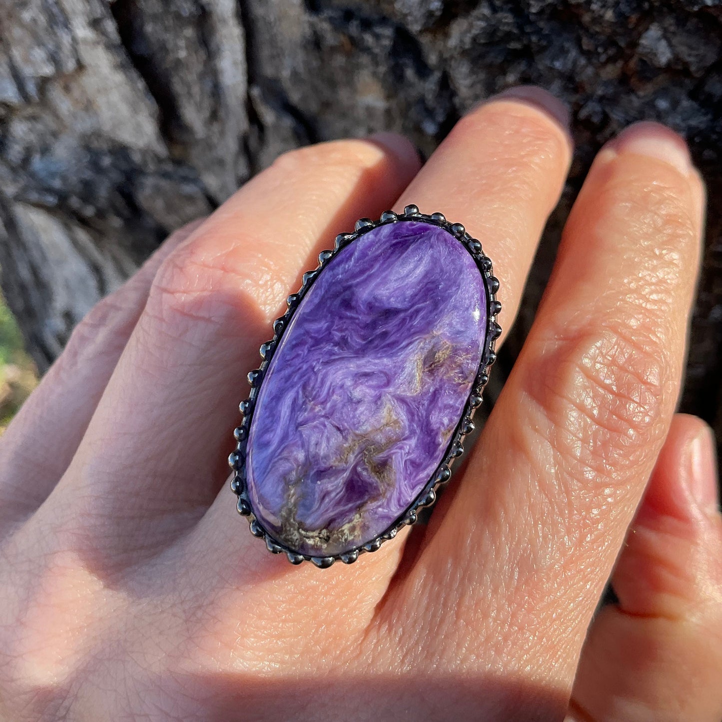 Sterling Silver Gold Charoite Statement ring 7.5