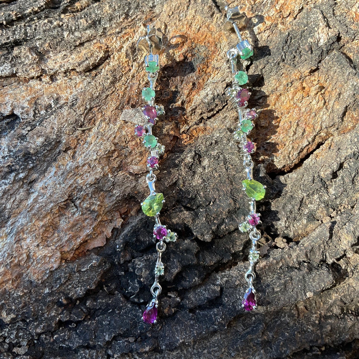 Sterling Silver natural emeralds  peridot long Earrings