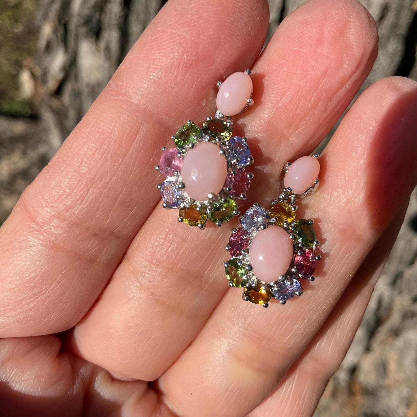 sterling silver pink natural opal tourmaline dangle earrings