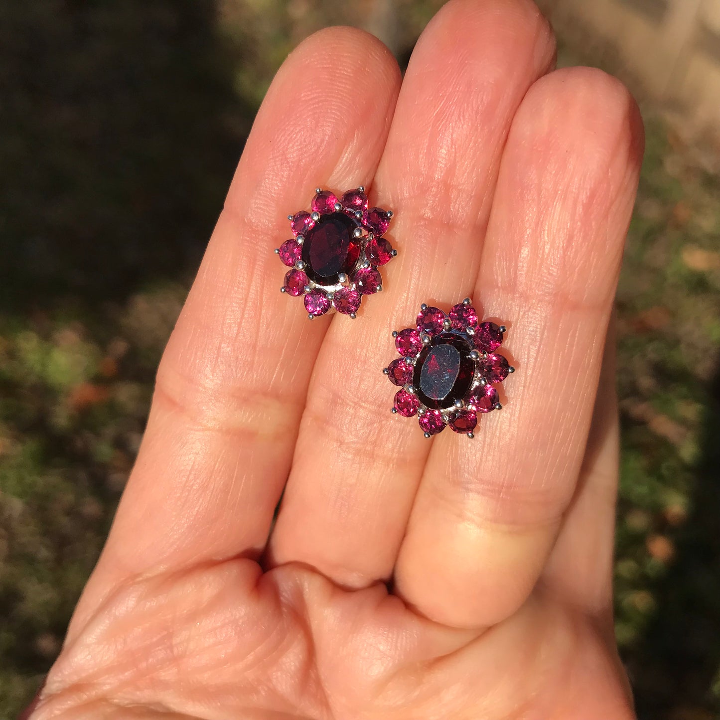 sterling Silver Rhodolite Garnet opal post flower earrings
