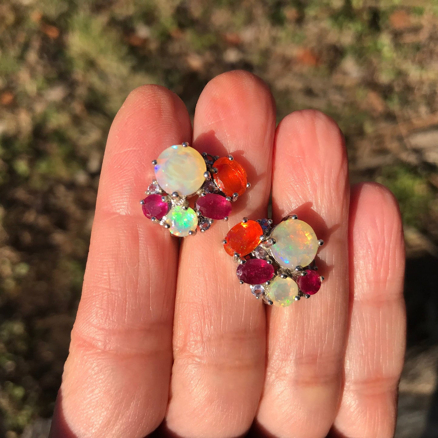 Sterling Silver Natural orange opal red ruby post earrings