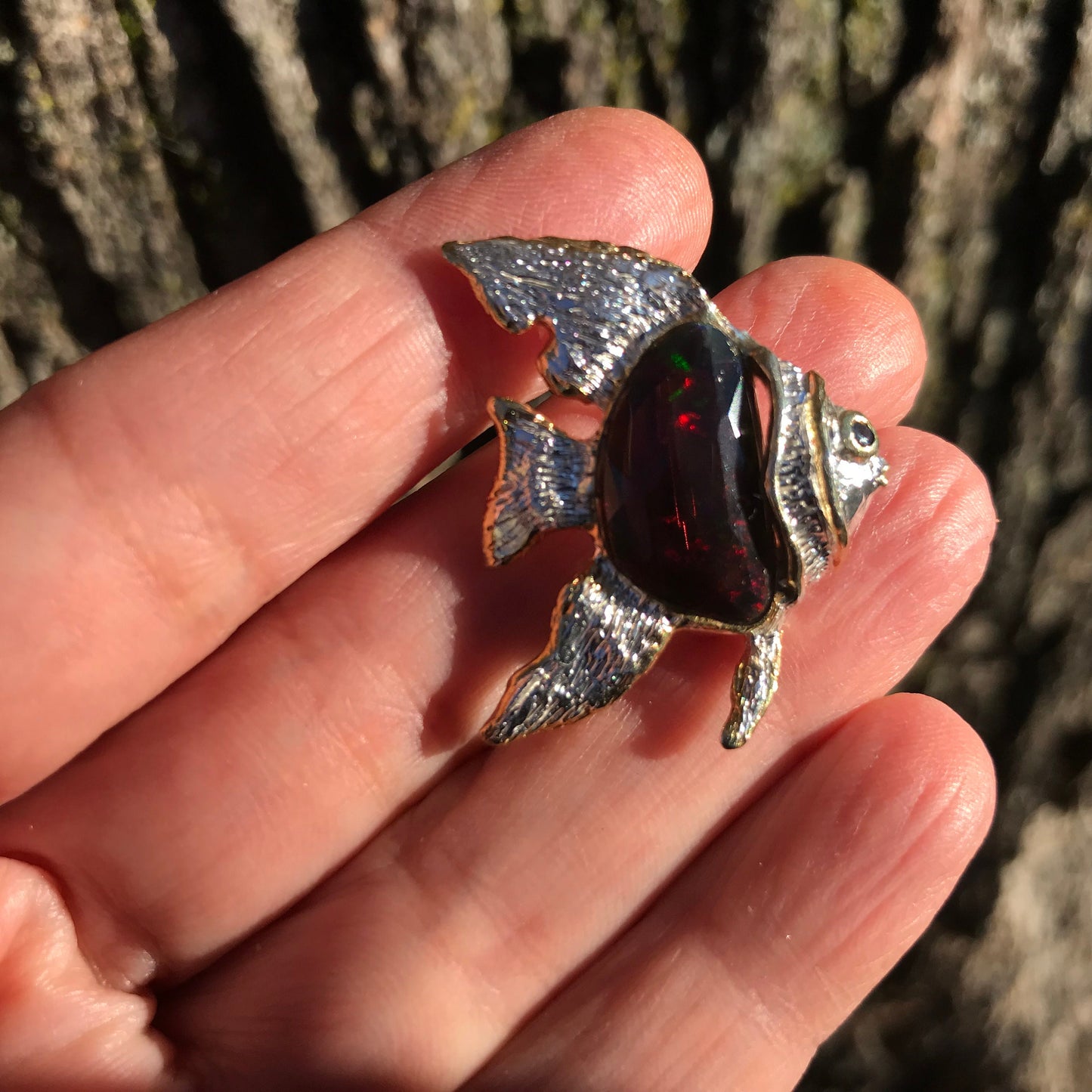 Sterling silver rainbow natural opal fish brooch pin