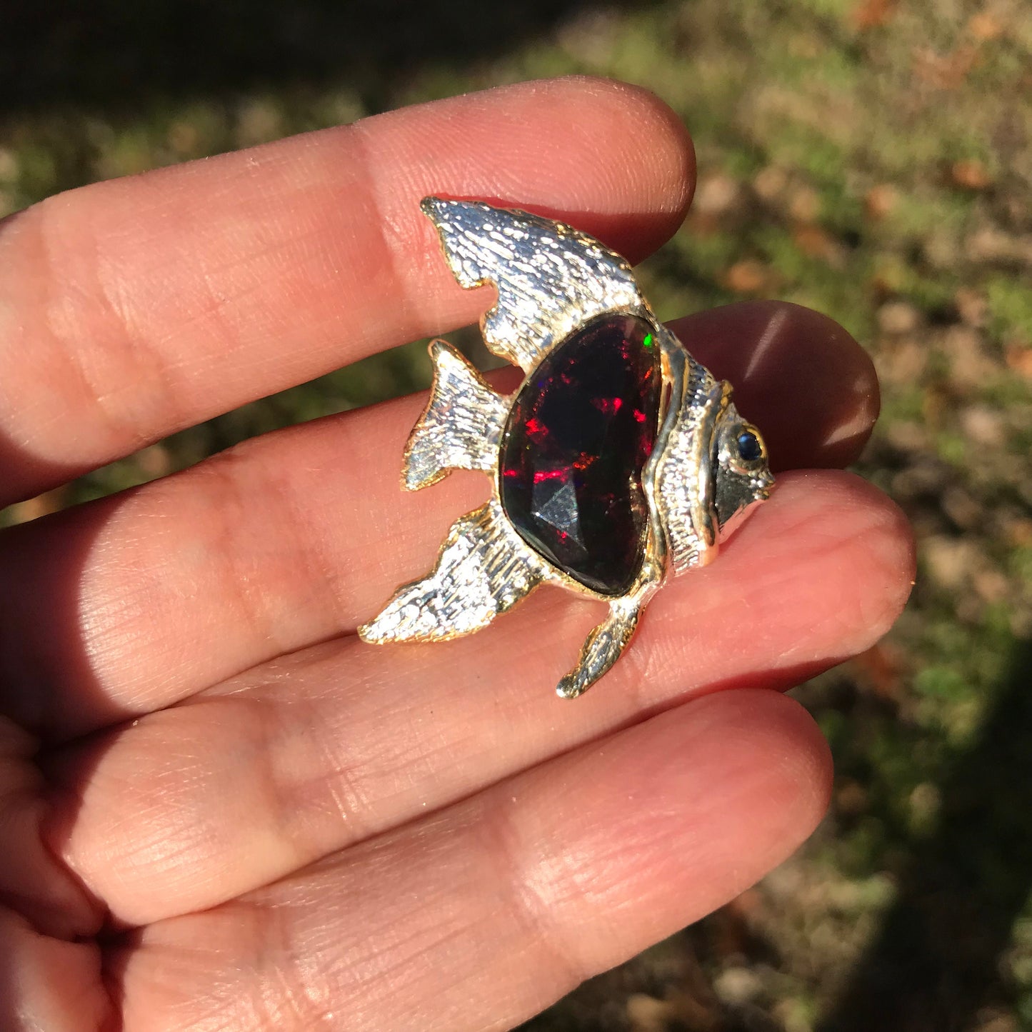 Sterling silver rainbow natural opal fish brooch pin