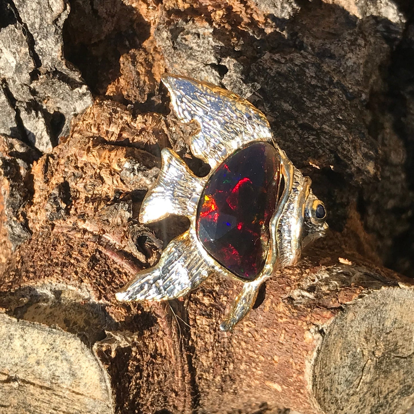 Sterling silver rainbow natural opal fish brooch pin