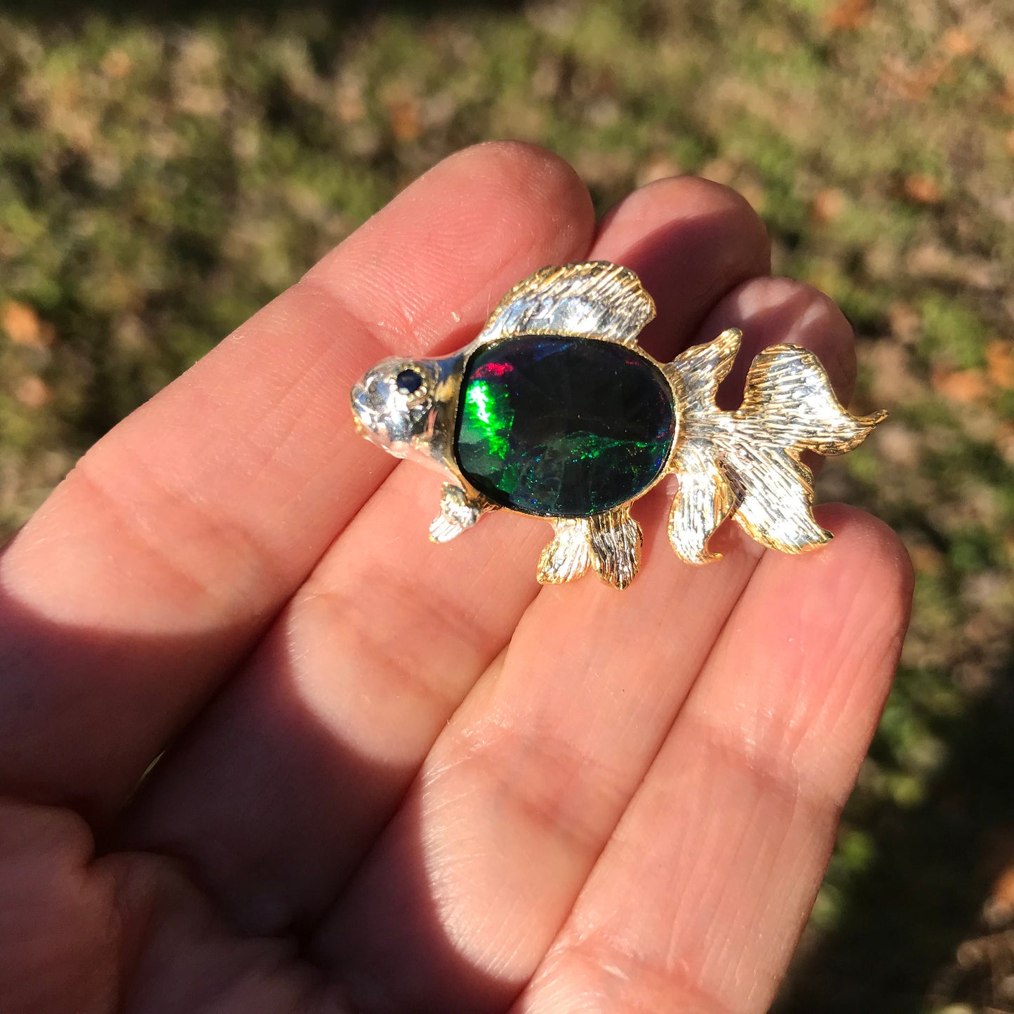 Sterling silver fire natural opal fish brooch pin