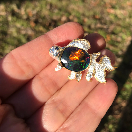 Sterling silver fire natural opal fish brooch pin
