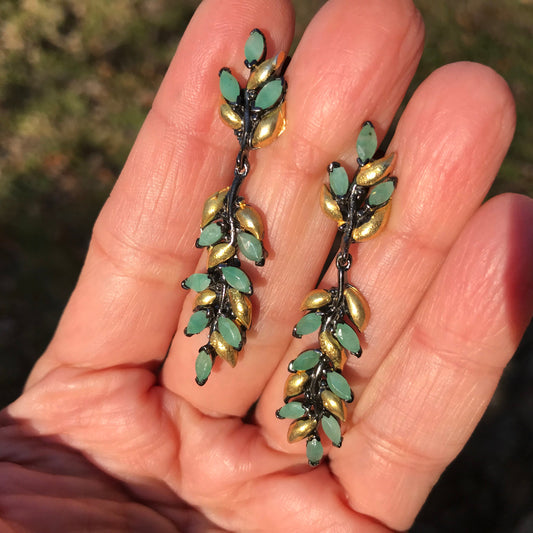 Sterling Silver natural emeralds  Gold fancy Earrings