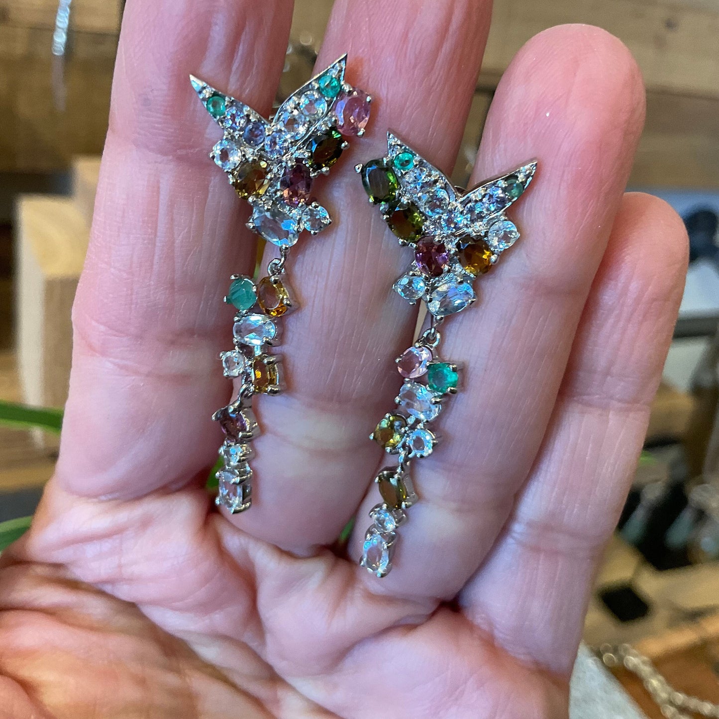 Sterling Silver Aquamarine emerald tourmaline fancy earrings