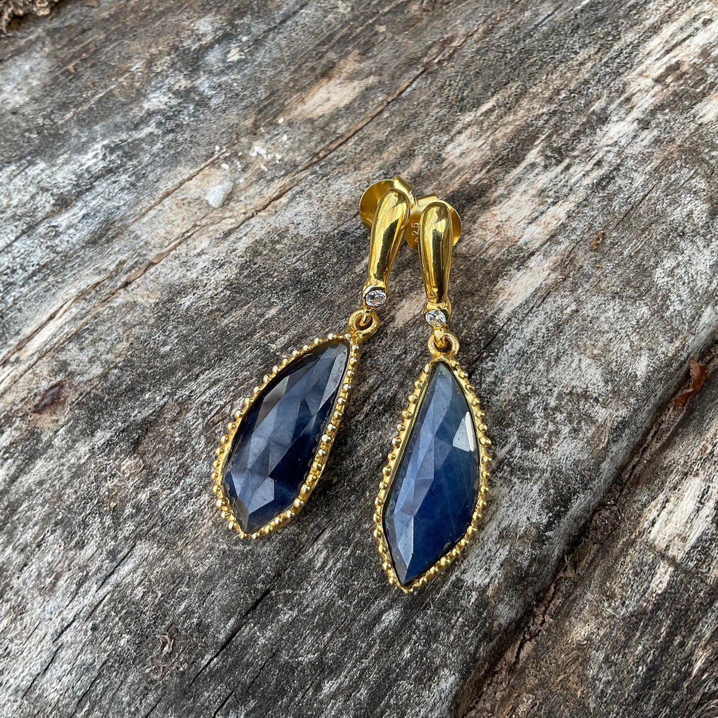 sterling Silver blue sapphire gold post dangle  Earrings