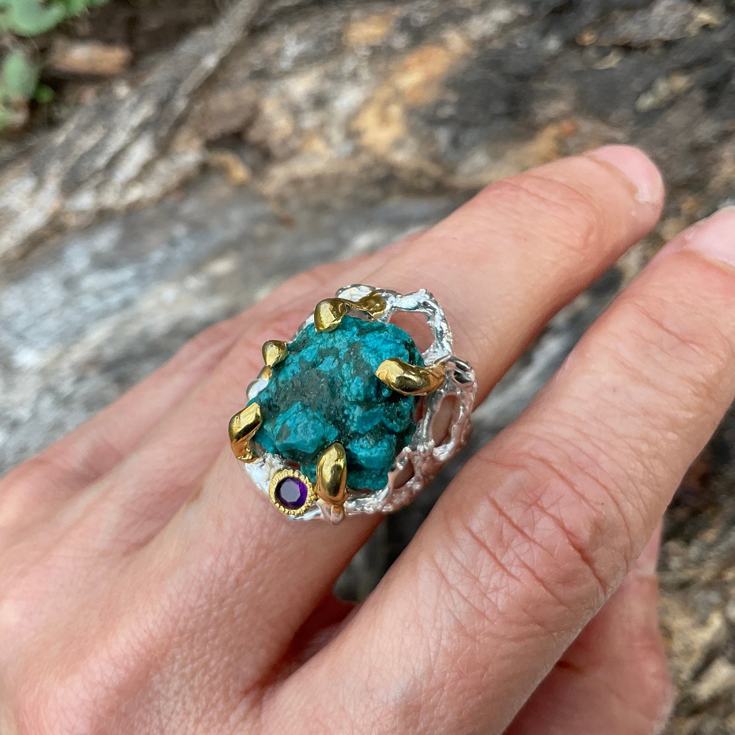 Sterling Silver Genuine Turquoise Brutalist roots ring 7.5