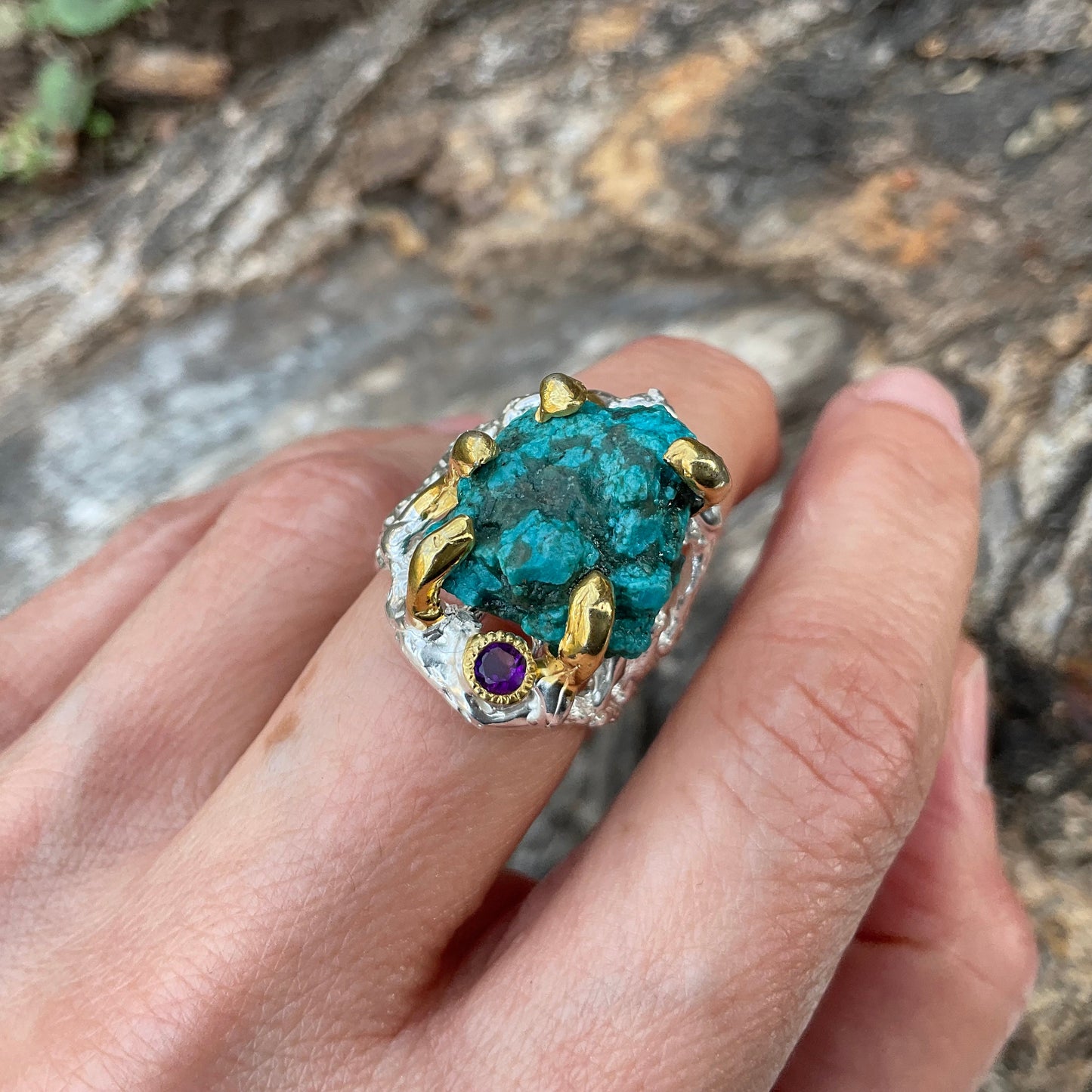 Sterling Silver Genuine Turquoise Brutalist roots ring 7.5
